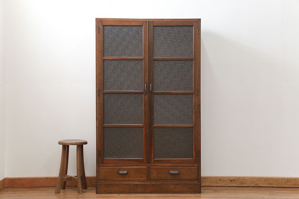 アンティーク家具　アンティーク 古いナラ材の大振りなダイヤガラス本箱(ブックケース、収納棚)