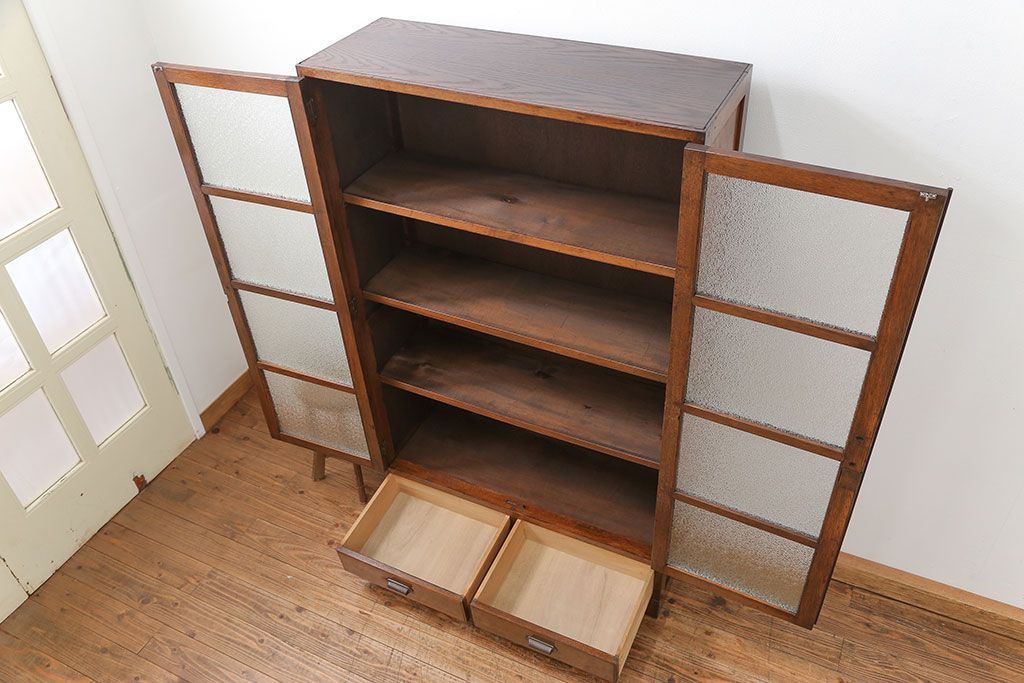 アンティーク家具　アンティーク 古いナラ材の大振りなダイヤガラス本箱(ブックケース、収納棚)