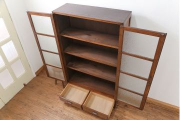 アンティーク家具　アンティーク 古いナラ材の大振りなダイヤガラス本箱(ブックケース、収納棚)