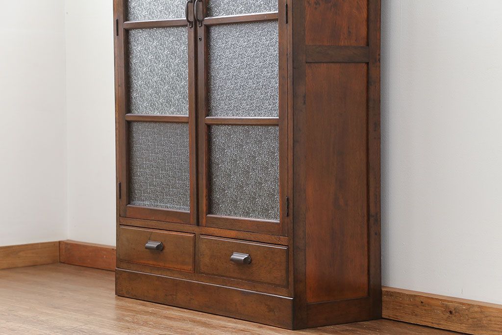 アンティーク家具　アンティーク 古いナラ材の大振りなダイヤガラス本箱(ブックケース、収納棚)