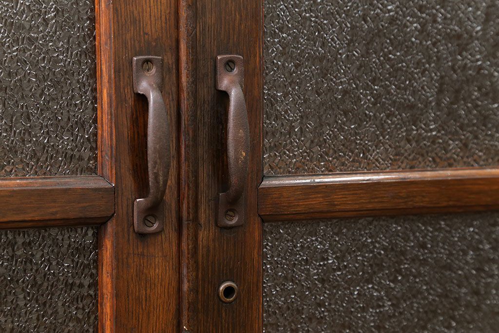 アンティーク家具　アンティーク 古いナラ材の大振りなダイヤガラス本箱(ブックケース、収納棚)