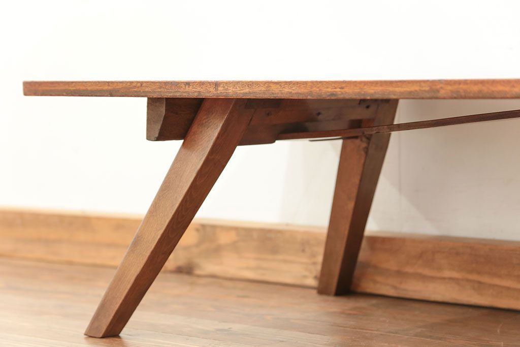 レトロ家具　昭和レトロ 折り畳み式!古い木の横長テーブル(2)