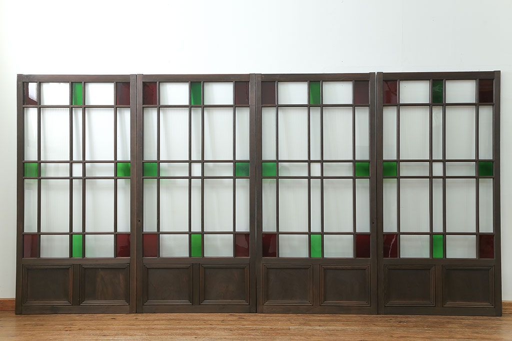 大正ロマン 古い洋館で使われていた色ガラス引き戸　4枚セット(2)(ガラス戸、和風建具)