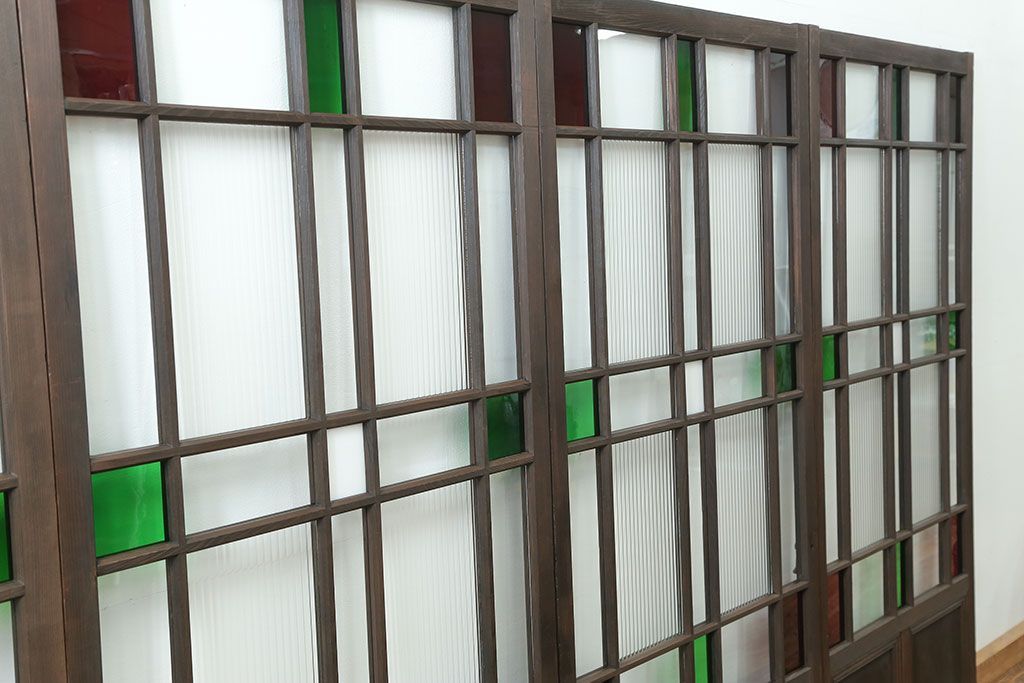 大正ロマン 古い洋館で使われていた色ガラス引き戸　4枚セット(2)(ガラス戸、和風建具)