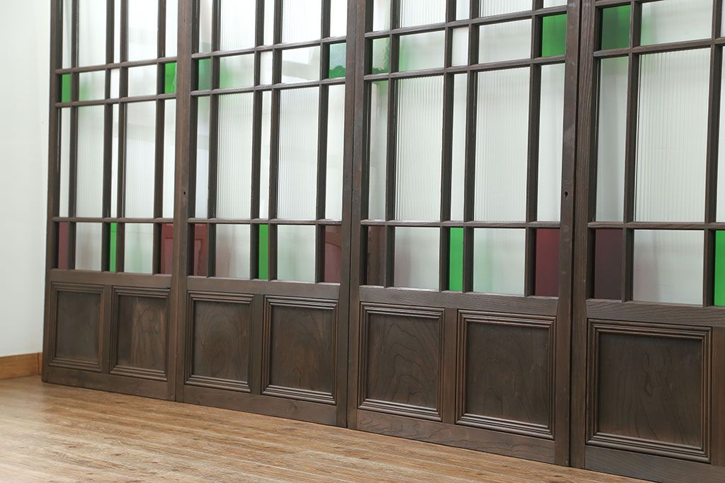 大正ロマン 古い洋館で使われていた色ガラス引き戸　4枚セット(2)(ガラス戸、和風建具)