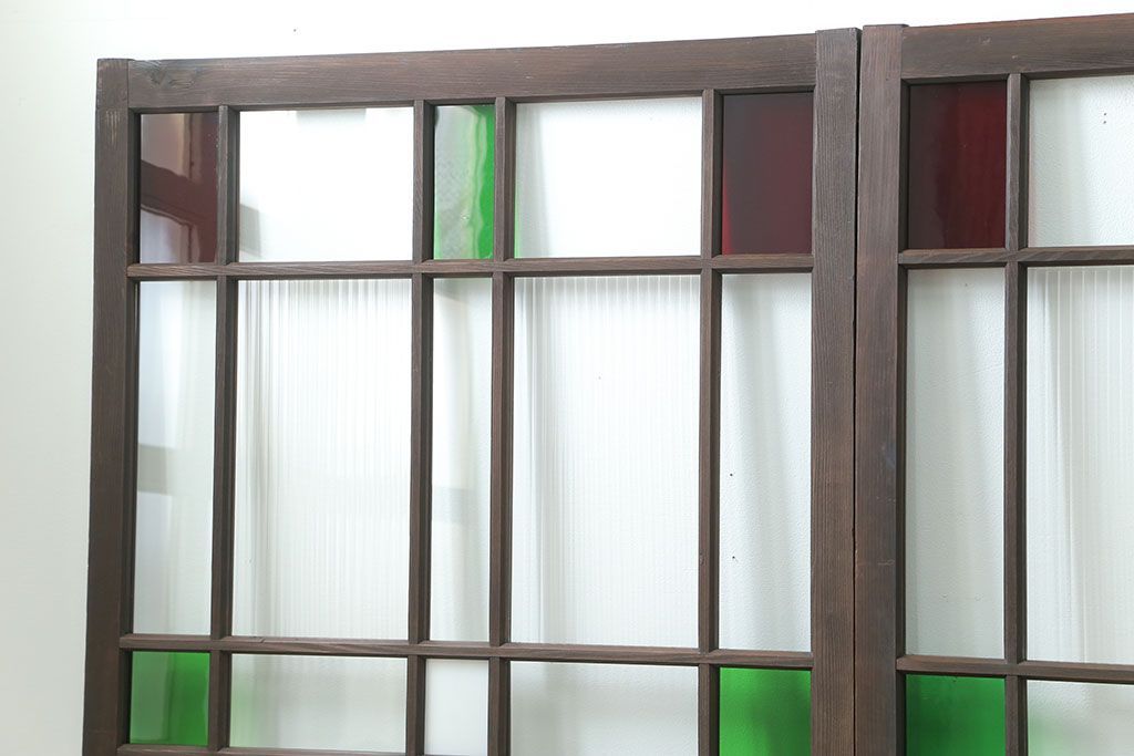 大正ロマン 古い洋館で使われていた色ガラス引き戸　4枚セット(2)(ガラス戸、和風建具)