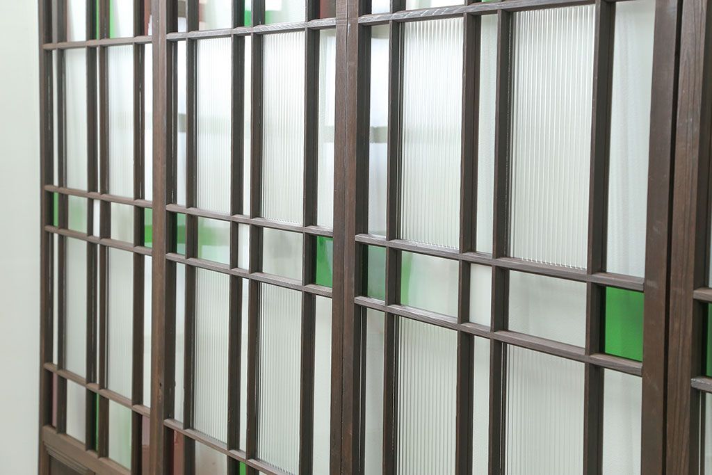 大正ロマン 古い洋館で使われていた色ガラス引き戸　4枚セット(2)(ガラス戸、和風建具)