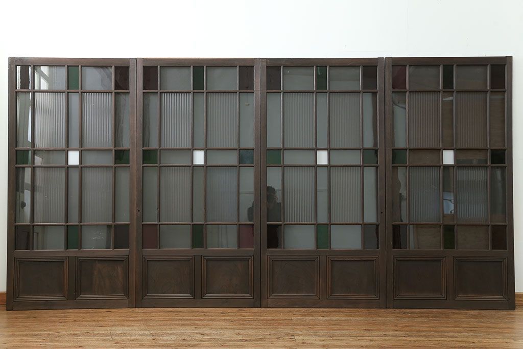 大正ロマン 古い洋館で使われていた色ガラス引き戸　4枚セット(2)(ガラス戸、和風建具)