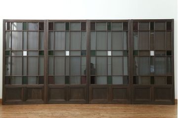 大正ロマン 古い洋館で使われていた色ガラス引き戸　4枚セット(2)(ガラス戸、和風建具)