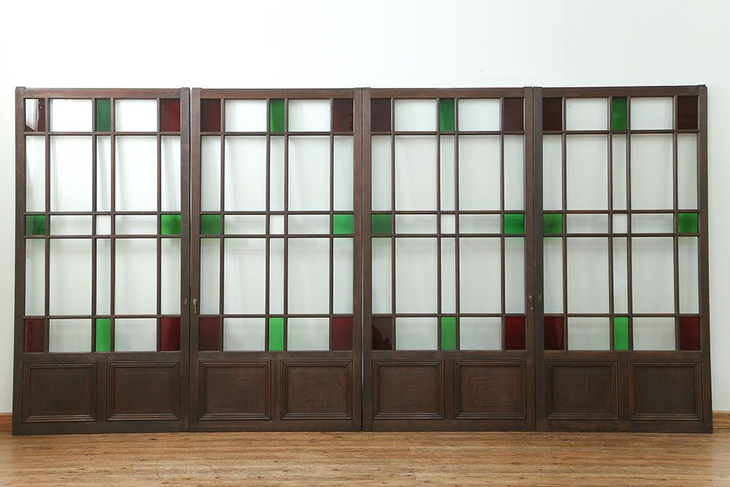 大正ロマン 古い洋館で使われていた色ガラス引き戸　4枚セット(2)(ガラス戸、和風建具)