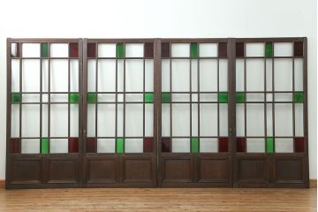 大正ロマン 古い洋館で使われていた色ガラス引き戸　4枚セット(2)(ガラス戸、和風建具)