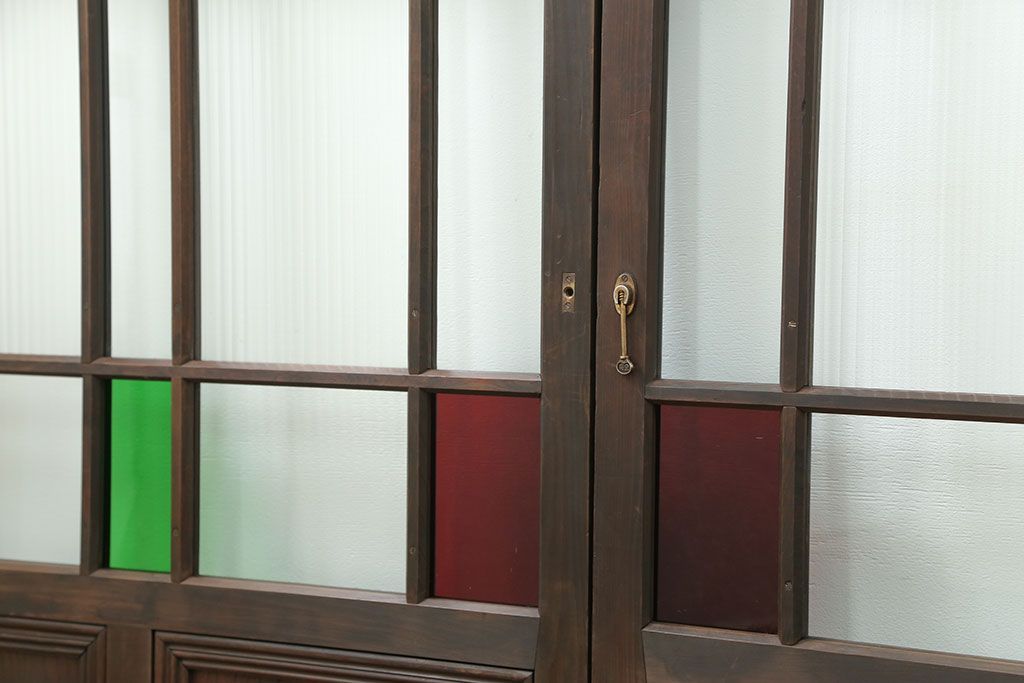大正ロマン 古い洋館で使われていた色ガラス引き戸　4枚セット(2)(ガラス戸、和風建具)