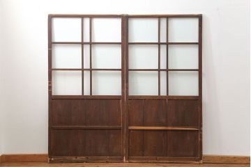 アンティーク 古い木味のガラス戸2枚セット(引き戸)