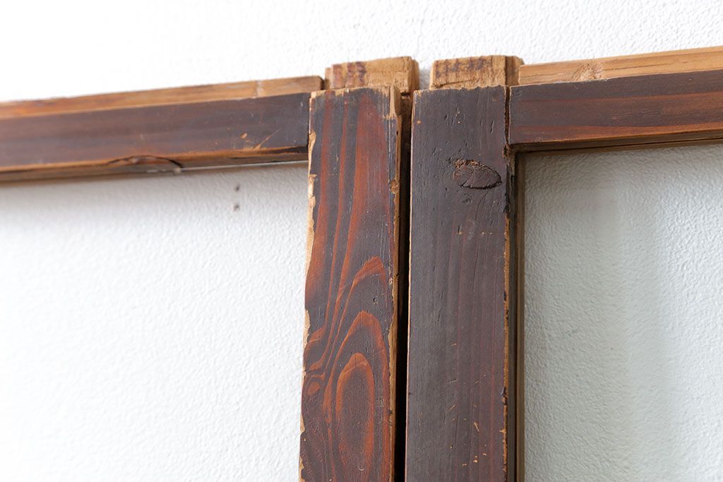 アンティーク 古い木味のガラス戸2枚セット(引き戸)