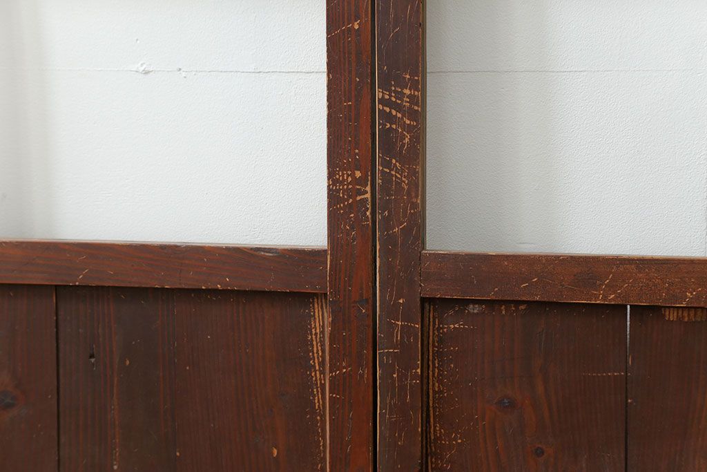 アンティーク 古い木味のガラス戸2枚セット(引き戸)