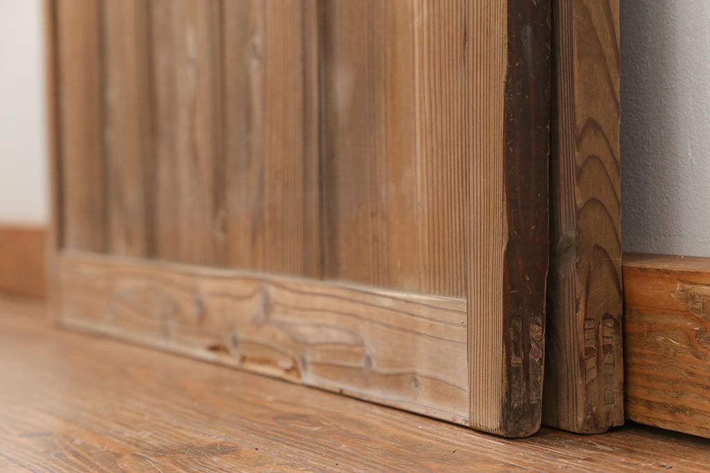 アンティーク 古い木味のガラス戸2枚セット(引き戸)