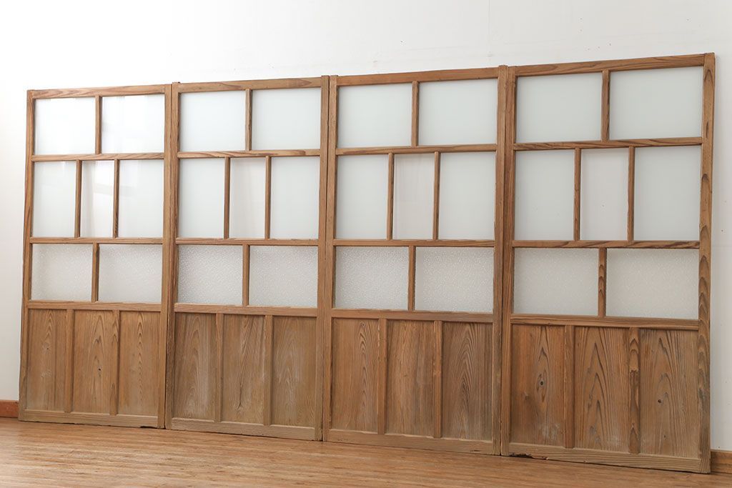 古民具・骨董 古い木味のガラス戸4枚セット(引き戸、建具)