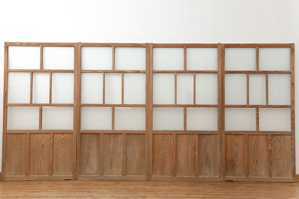 古民具・骨董 古い木味のガラス戸4枚セット(引き戸、建具)