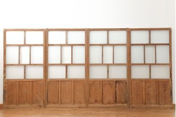 古民具・骨董 古い木味のガラス戸4枚セット(引き戸、建具)