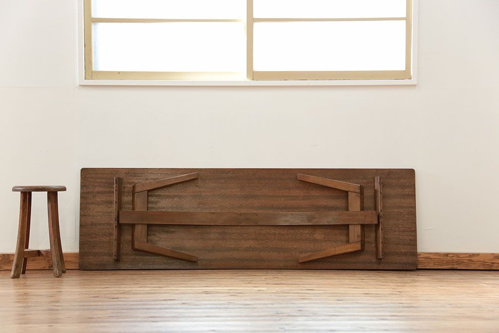 レトロ家具　昭和レトロ 折り畳み式!古い木の横長テーブル(3)