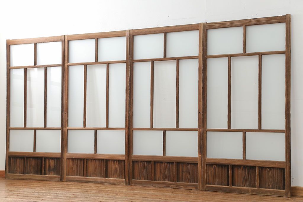 アンティーク 古い木味のガラス戸 4枚セット(1)(引き戸)