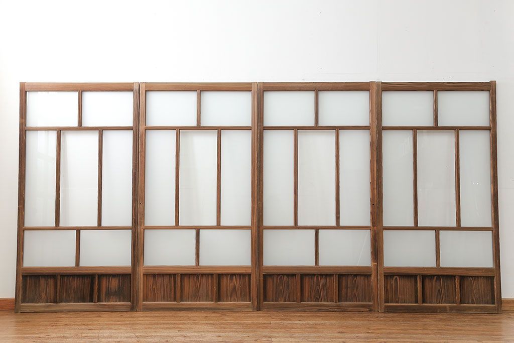 アンティーク 古い木味のガラス戸 4枚セット(1)(引き戸)