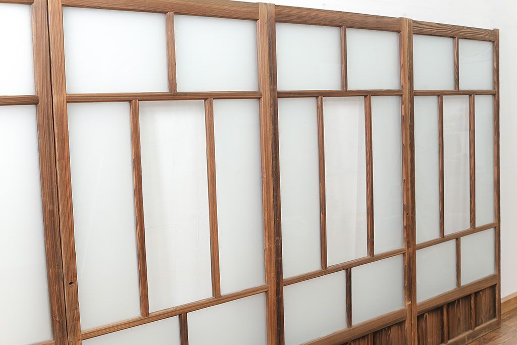 アンティーク 古い木味のガラス戸 4枚セット(1)(引き戸)