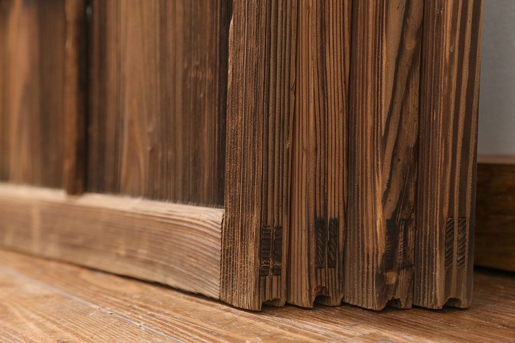 アンティーク 古い木味のガラス戸 4枚セット(1)(引き戸)