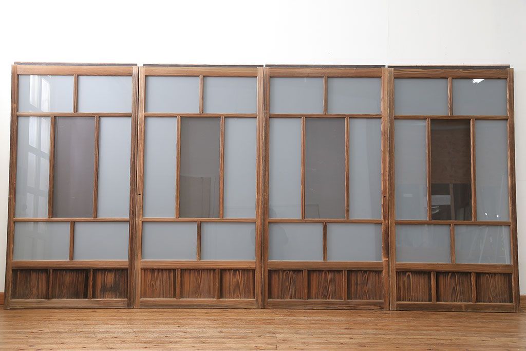 アンティーク 古い木味のガラス戸 4枚セット(1)(引き戸)