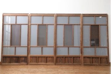 アンティーク 古い木味のガラス戸 4枚セット(1)(引き戸)