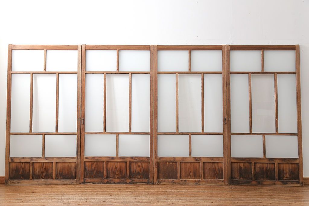 アンティーク 古い木味のガラス戸 4枚セット(1)(引き戸)
