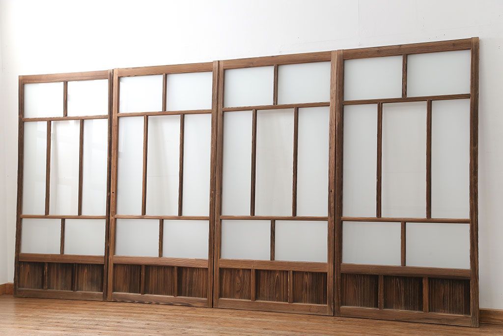 アンティーク 古い木味のガラス戸 4枚セット(2)(引き戸)