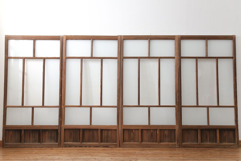 アンティーク 古い木味のガラス戸 4枚セット(2)(引き戸)