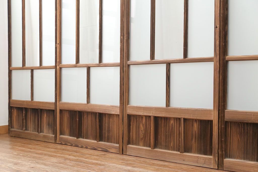 アンティーク 古い木味のガラス戸 4枚セット(2)(引き戸)