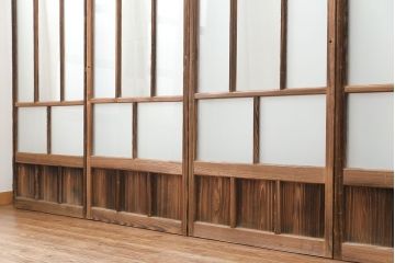 アンティーク 古い木味のガラス戸 4枚セット(2)(引き戸)