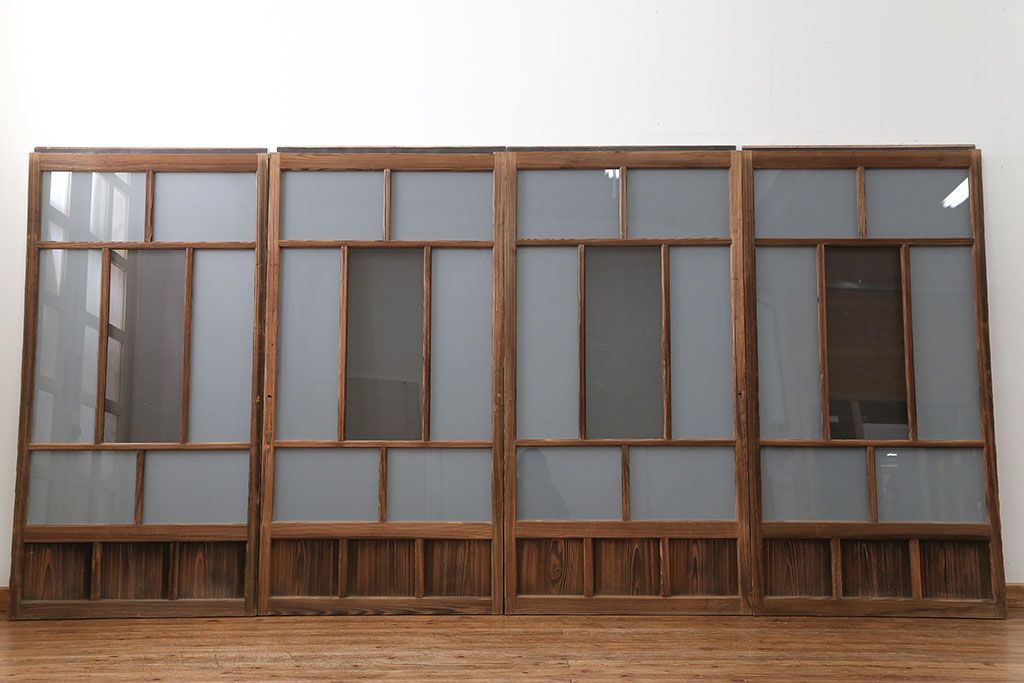 アンティーク 古い木味のガラス戸 4枚セット(2)(引き戸)