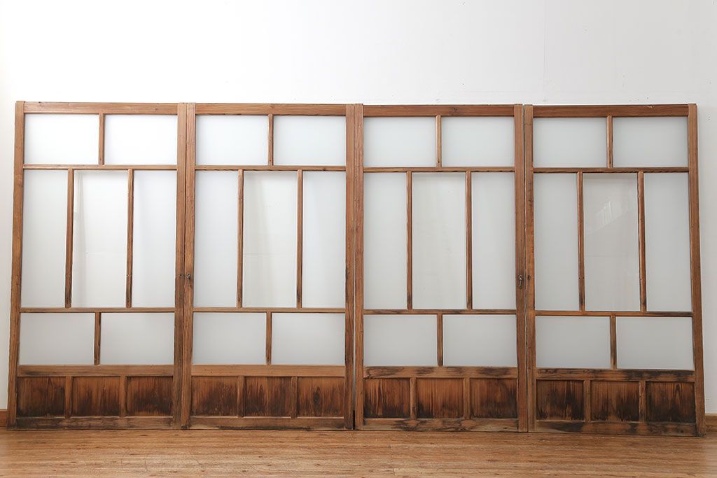 アンティーク 古い木味のガラス戸 4枚セット(2)(引き戸)