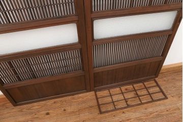 古民具・骨董 裏障子付きの格子戸 2枚セット(和風建具、引き戸)