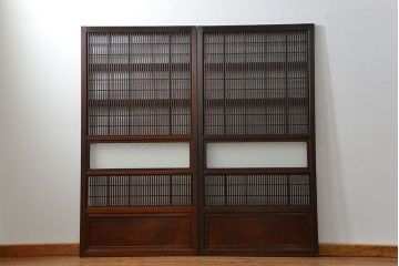 アンティーク 腰板欅材の上質な裏障子付き格子戸　2枚セット　(和風建具、引き戸)