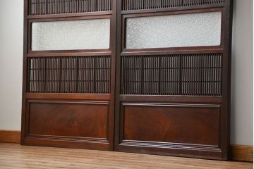 アンティーク 腰板欅材の上質な裏障子付き格子戸　2枚セット　(和風建具、引き戸)