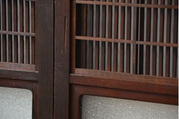 アンティーク 腰板欅材の上質な裏障子付き格子戸　2枚セット　(和風建具、引き戸)