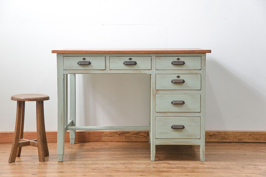 レトロ家具　昭和レトロ アンティークペイントの片袖机(テーブル、作業台)
