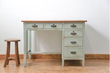 レトロ家具　昭和レトロ アンティークペイントの片袖机(テーブル、作業台)