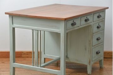 レトロ家具　昭和レトロ アンティークペイントの片袖机(テーブル、作業台)