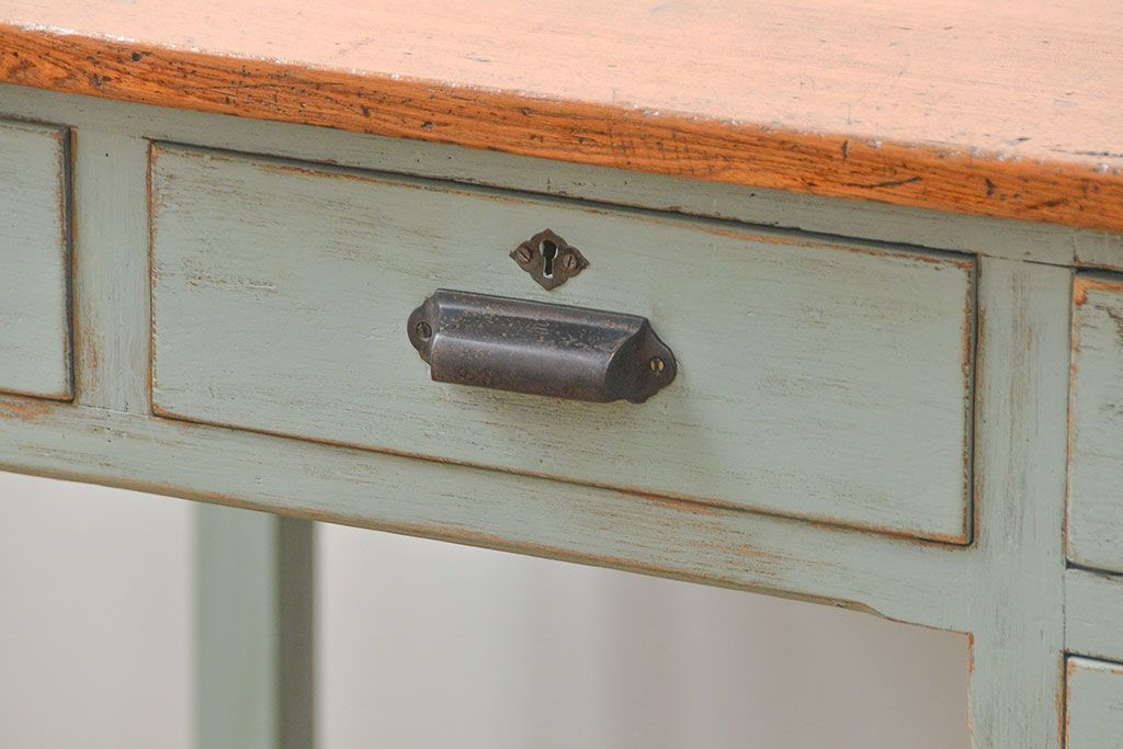 レトロ家具　昭和レトロ アンティークペイントの片袖机(テーブル、作業台)