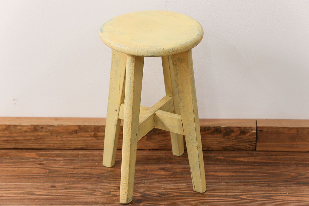 アンティーク家具　アンティークペイント かわいいスツール(3)(丸椅子、イス)