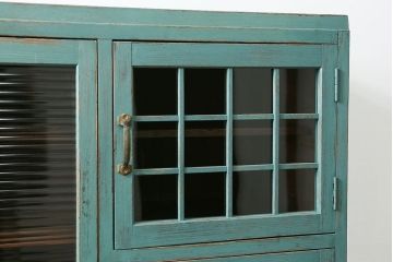 アンティーク家具　アンティークペイント　モールガラス入り食器棚(キッチンキャビネット、収納棚)