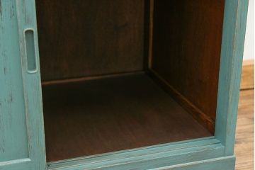 アンティーク家具　アンティークペイント　モールガラス入り食器棚(キッチンキャビネット、収納棚)