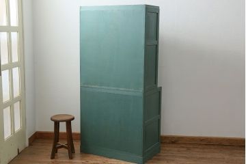 アンティーク家具　アンティークペイント　モールガラス入り食器棚(キッチンキャビネット、収納棚)