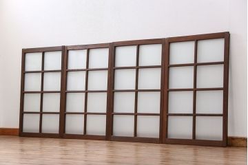アンティーク　古い木のシンプルなすりガラス入りガラス戸4枚(窓・引き戸)